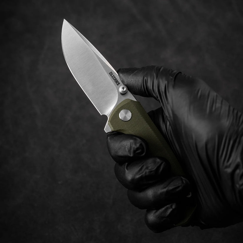 Olitans Bomber G061-GW - 2.91" D2 Satin Blade, Green G10 Handle