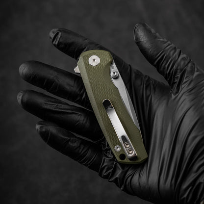 Olitans Bomber G061-GW - 2.91" D2 Satin Blade, Green G10 Handle