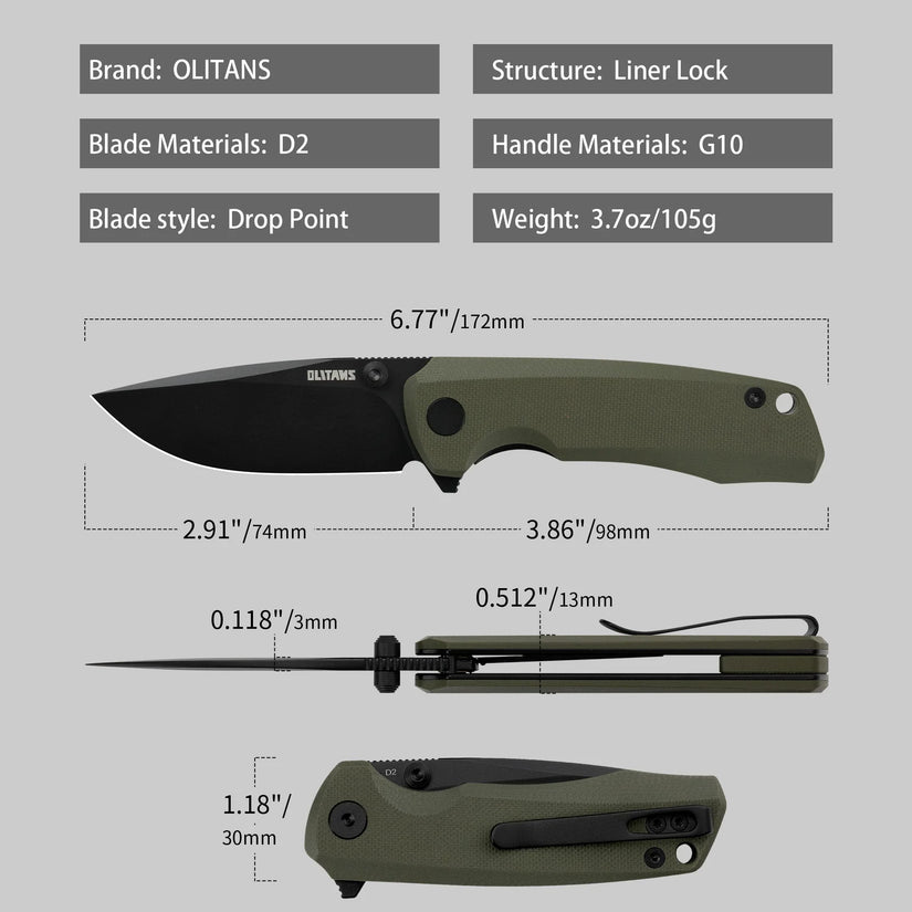 Olitans Bomber G061-GB - 2.91" D2 Black Blade, Green G10 Handle
