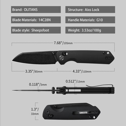 Olitans King Penguin G062-BB - 3.35" 14C28N Black Blade, Black G10 Handle