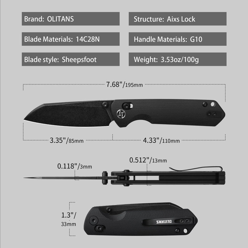 Olitans King Penguin G062-BB - 3.35" 14C28N Black Blade, Black G10 Handle