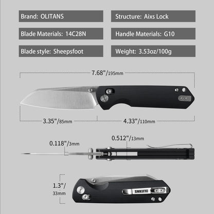 Olitans King Penguin G062-BW - 3.35" 14C28N Satin Blade, Black G10 Handle