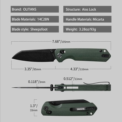Olitans King Penguin G062-GB - 3.35" 14C28N Black Blade, Green Micarta Handle