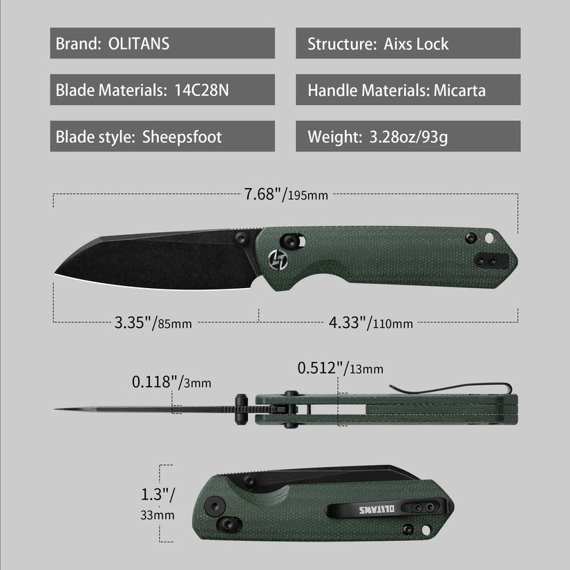 Olitans King Penguin G062-GB - 3.35" 14C28N Black Blade, Green Micarta Handle