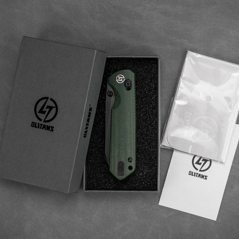 Olitans King Penguin G062-GB - 3.35" 14C28N Black Blade, Green Micarta Handle