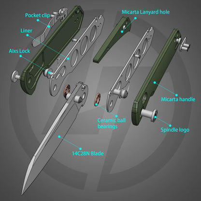 Olitans King Penguin G062-GW - 3.35" 14C28N Satin Blade, Green Micarta Handle