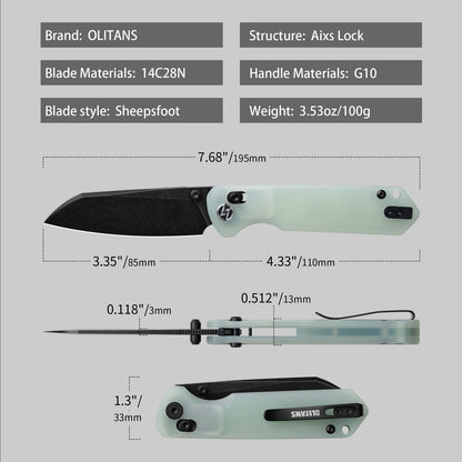 Olitans King Penguin G062-JB - 3.35" 14C28N Black Blade, Jade G10 Handle