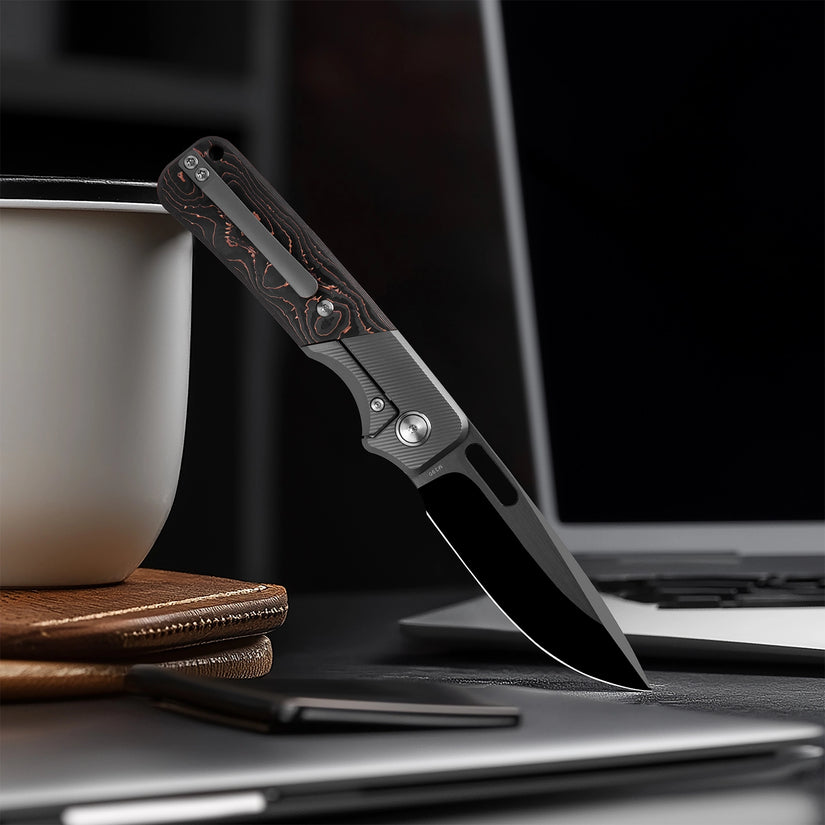 Miguron Ameight Flix II - 3.5" M390 DLC Satin Blade, Copper Carbon Fibre Titanium Handle