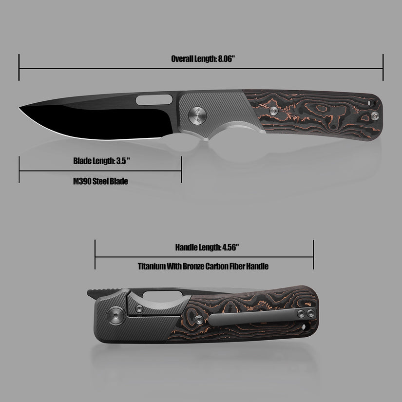 Miguron Ameight Flix II - 3.5" M390 DLC Satin Blade, Copper Carbon Fibre Titanium Handle
