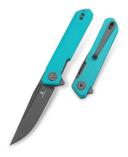 Bestechman Mini Dundee BMK03E - 2.92" D2 Grey DLC Blade, Light Blue G10, Flipper