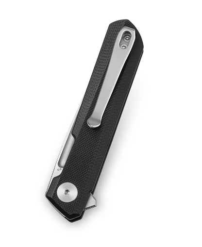 Bestechman Mini Dundee BMK08A - 2.92" D2 Satin Stonewash Blade, Black G10, Double Detent