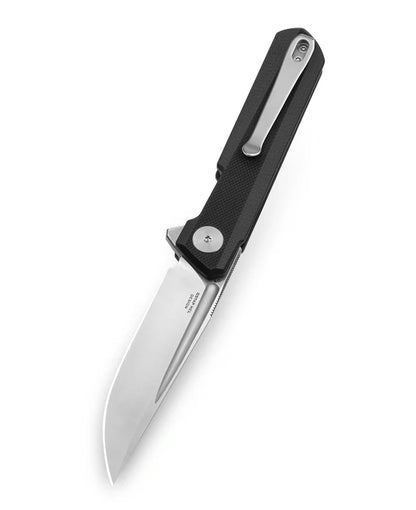 Bestechman Mini Dundee BMK08A - 2.92" D2 Satin Stonewash Blade, Black G10, Double Detent