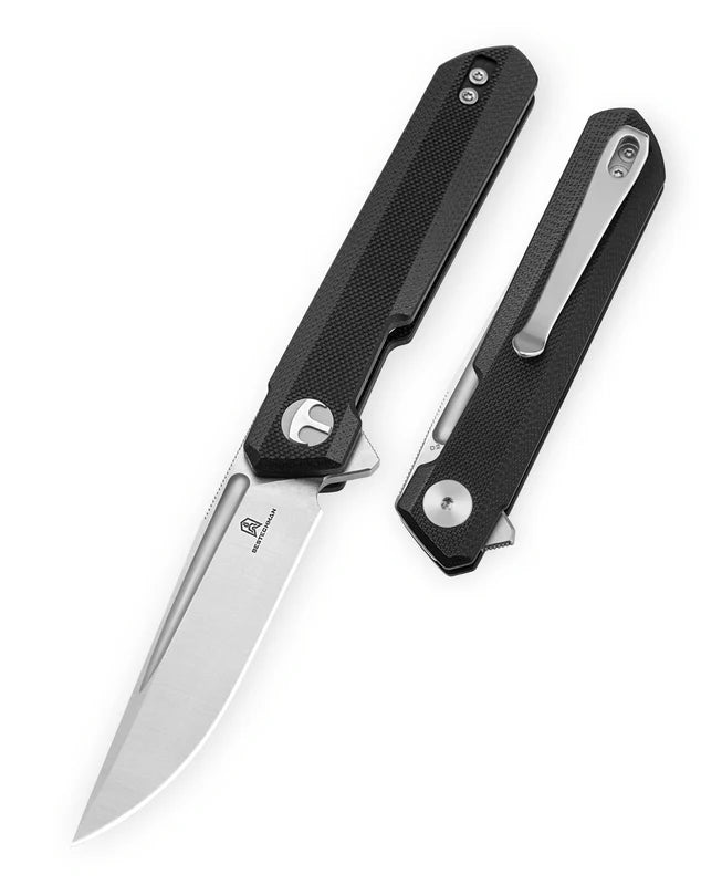 Bestechman Mini Dundee BMK08A - 2.92" D2 Satin Stonewash Blade, Black G10, Double Detent