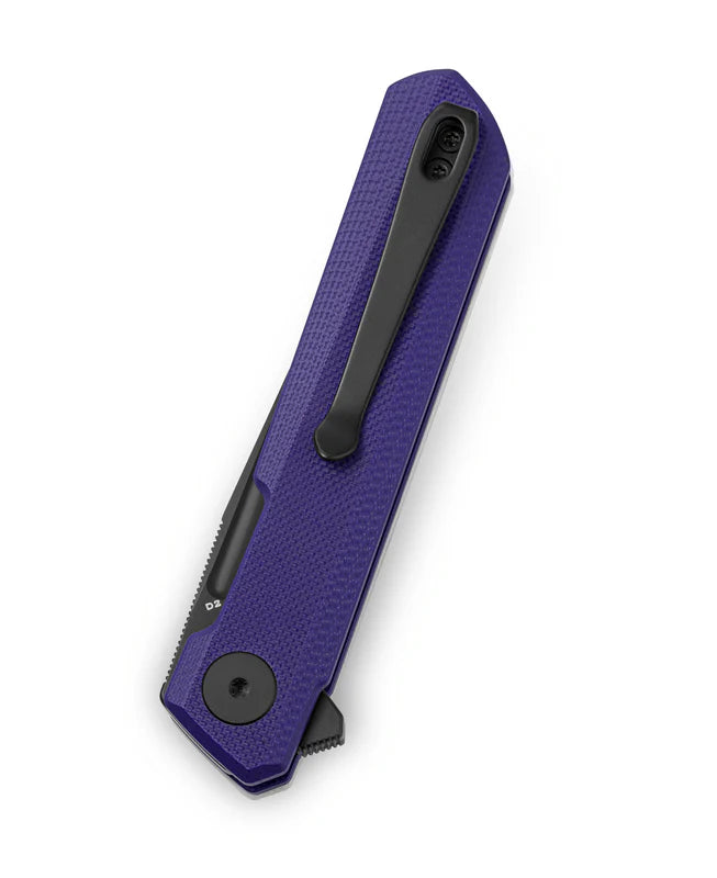 Bestechman Mini Dundee BMK08D - 2.92" D2 Black PVD Blade, Purple G10, Double Detent