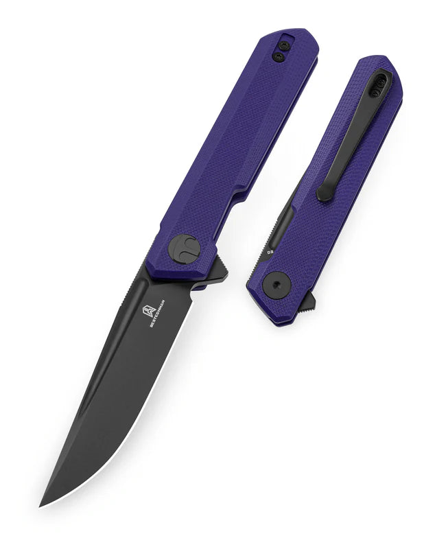 Bestechman Mini Dundee BMK08D - 2.92" D2 Black PVD Blade, Purple G10, Double Detent