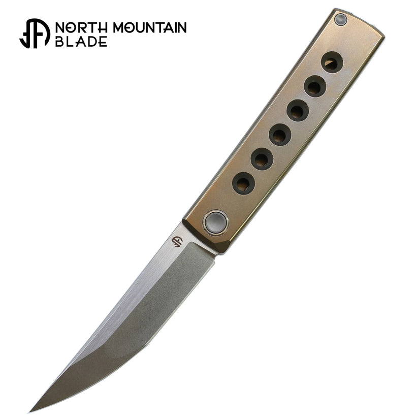 North Mountain Blade Kaiken Bronze Holes - 3.5" M390 Tanto Blade, Titanium Handle