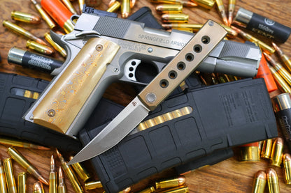 North Mountain Blade Kaiken Bronze Holes - 3.5" M390 Tanto Blade, Titanium Handle