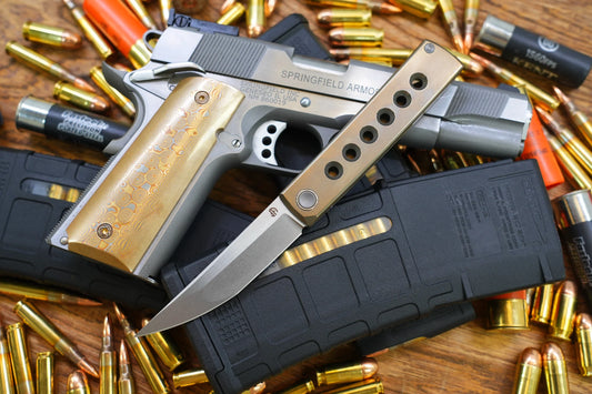North Mountain Blade Kaiken Bronze Holes - 3.5" M390 Tanto Blade, Titanium Handle