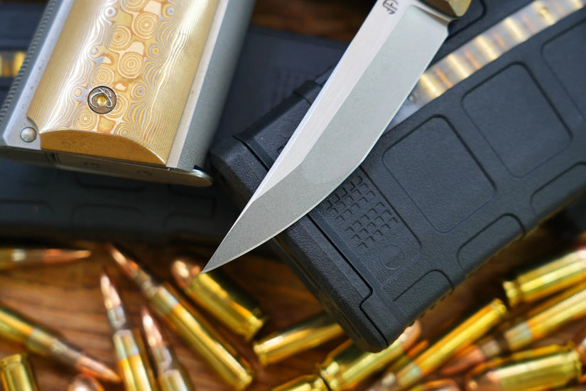 North Mountain Blade Kaiken Bronze Holes - 3.5" M390 Tanto Blade, Titanium Handle