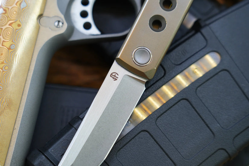 North Mountain Blade Kaiken Bronze Holes - 3.5" M390 Tanto Blade, Titanium Handle