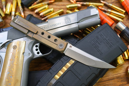North Mountain Blade Kaiken Bronze Holes - 3.5" M390 Tanto Blade, Titanium Handle