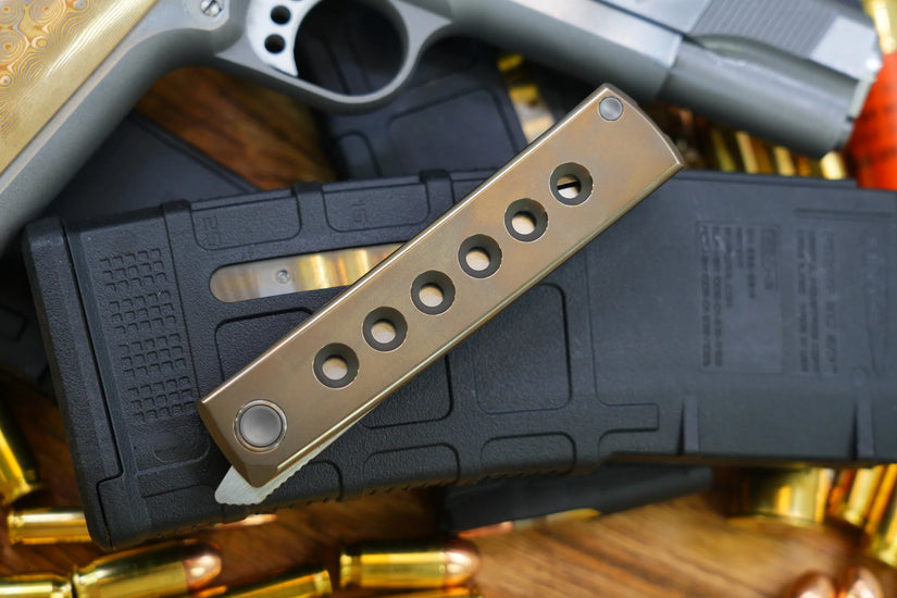 North Mountain Blade Kaiken Bronze Holes - 3.5" M390 Tanto Blade, Titanium Handle