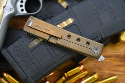 North Mountain Blade Kaiken Bronze Holes - 3.5" M390 Tanto Blade, Titanium Handle