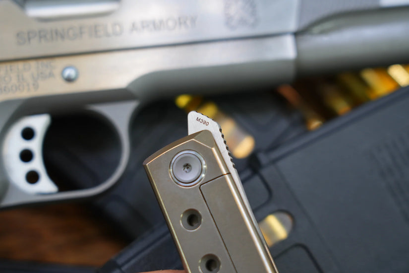 North Mountain Blade Kaiken Bronze Holes - 3.5" M390 Tanto Blade, Titanium Handle