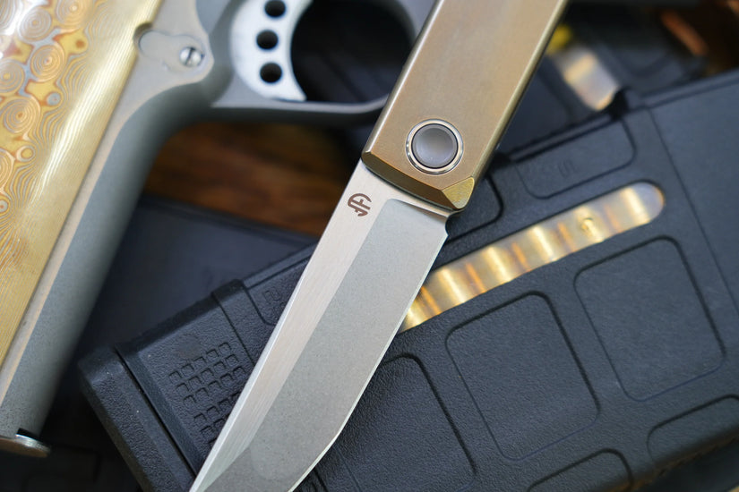 North Mountain Blade Kaiken Bronze - 3.5" M390 Tanto Blade, Titanium Handle