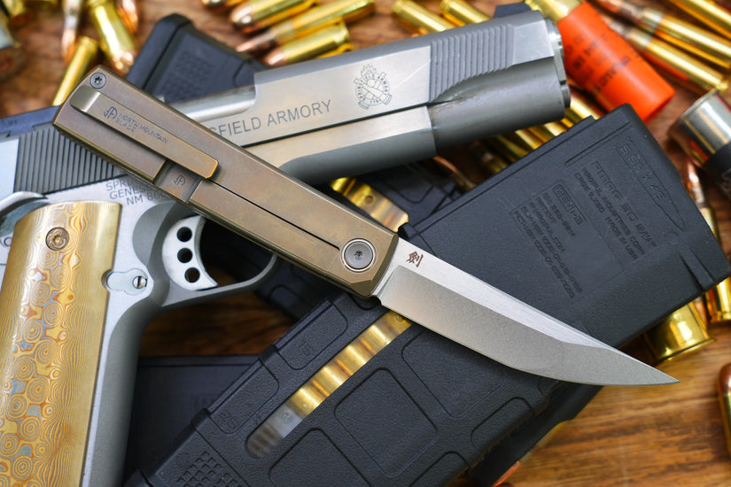 North Mountain Blade Kaiken Bronze - 3.5" M390 Tanto Blade, Titanium Handle