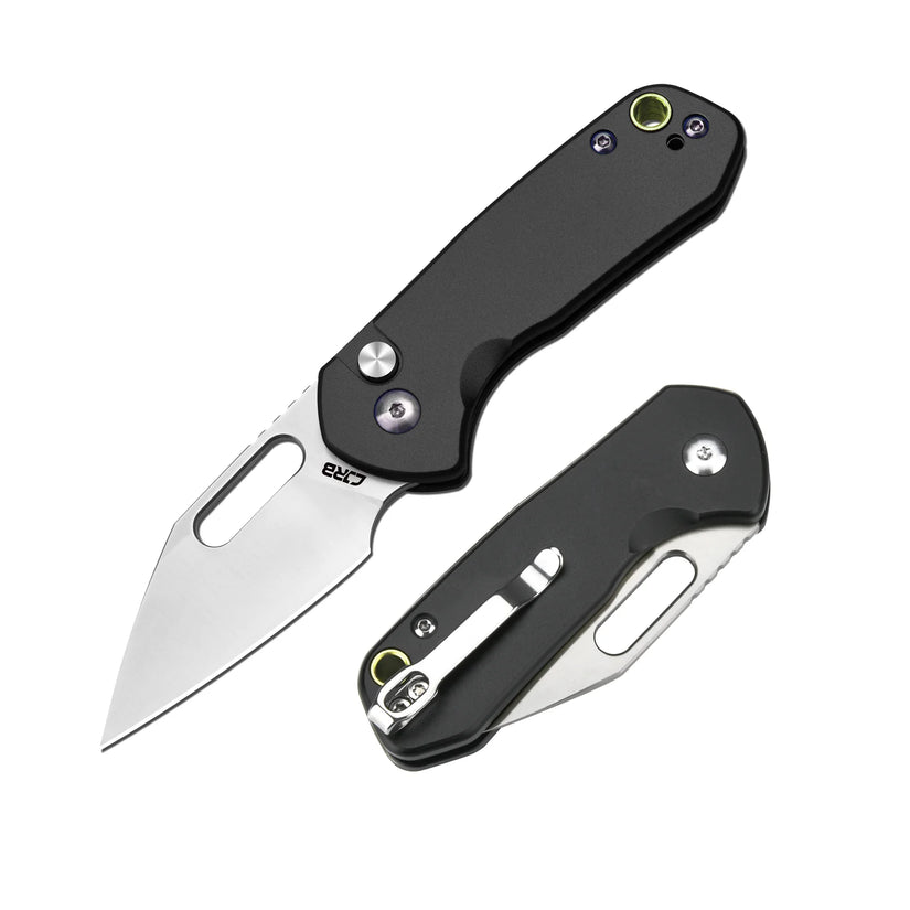 CJRB Mini Pyrite Wharncliffe - 2.17" AR-RPM9 Sandblasted Wharncliffe Blade, Black Aluminium Handles - J1933BK