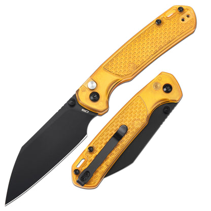CJRB Pyrite Light - 3.34" AR-RPM9 Black PVD Wharncliffe Blade, Amber FRN Handles - J1945-AMB
