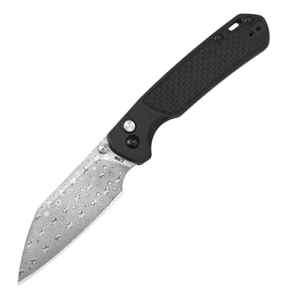 CJRB Pyrite Light - 3.34" Damascus Wharncliffe Blade, Black FRN Handles - J1945-DBK