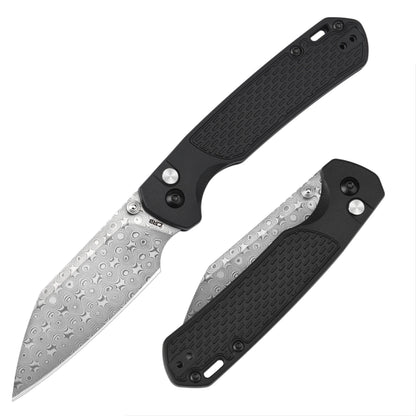 CJRB Pyrite Light - 3.34" Damascus Wharncliffe Blade, Black FRN Handles - J1945-DBK