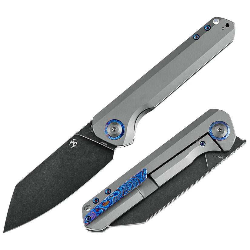 Kansept Bulldozer - 3.56" CPM-20CV Blackwashed Blade, Grey Titanium Handle with Timascus Clip. K1028A2