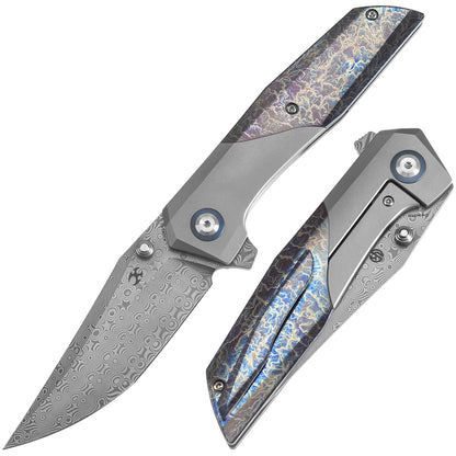 Kansept Deadite - 3.52" Damascus Blade, Beadblasted Titanium with Lightning Strike Finish Handle. K1081A2
