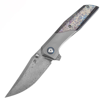 Kansept Deadite - 3.52" Damascus Blade, Beadblasted Titanium with Lightning Strike Finish Handle. K1081A2