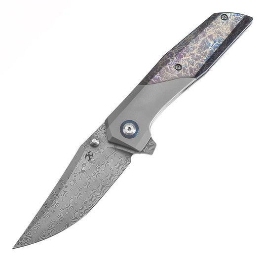 Kansept Deadite - 3.52" Damascus Blade, Beadblasted Titanium with Lightning Strike Finish Handle. K1081A2