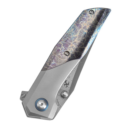 Kansept Deadite - 3.52" Damascus Blade, Beadblasted Titanium with Lightning Strike Finish Handle. K1081A2
