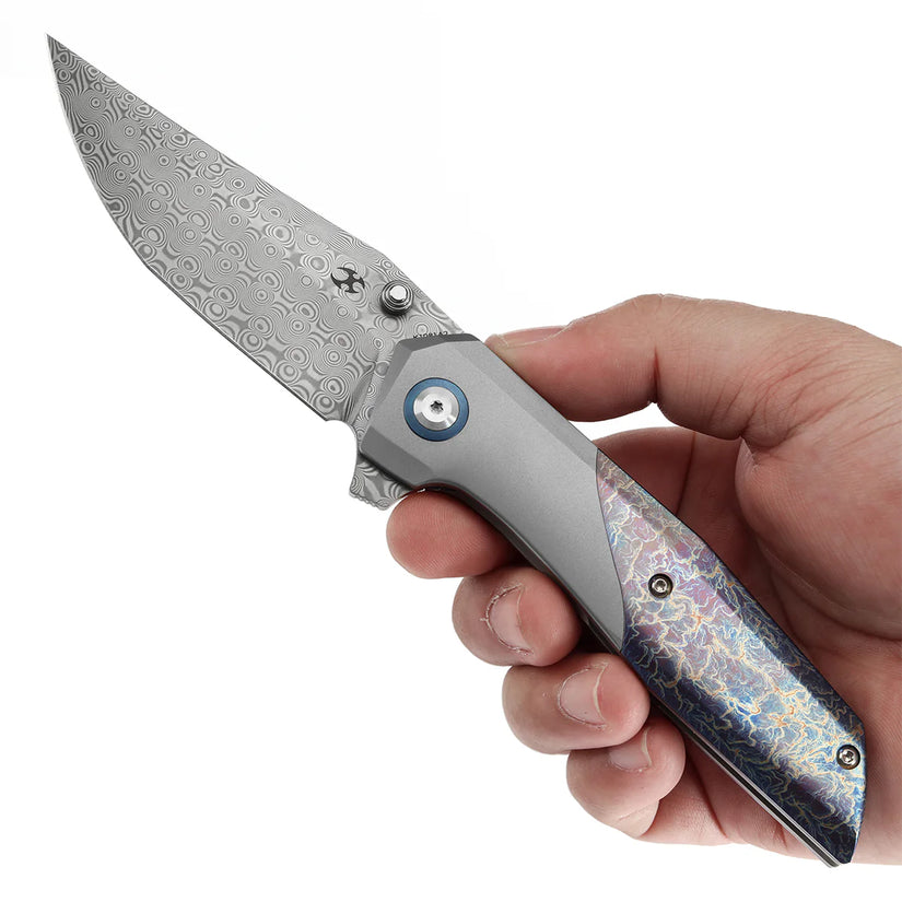 Kansept Deadite - 3.52" Damascus Blade, Beadblasted Titanium with Lightning Strike Finish Handle. K1081A2