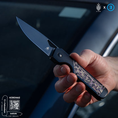 Kizer Militaw - 3.35" S45VN Polished Black DLC Blade, Purple Haze Fatcarbon Titanium Handle - Ki3634A2