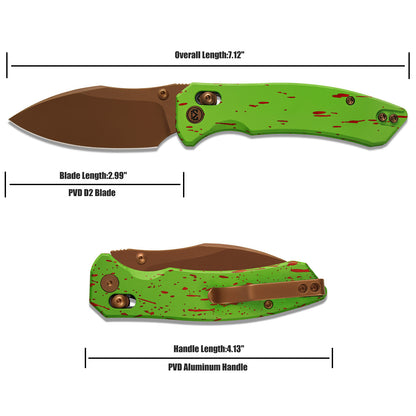 Miguron Norsa - 2.99" D2 Rose Gold PVD Blade, Green/Red Aluminium Handle