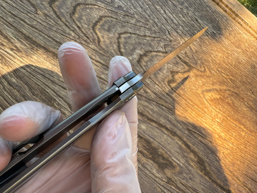 North Mountain Blade Kwaiken Salmon Layered Damascus - 3.4" ZDP-189 Core Steel Drop Point Blade, Titanium Handle