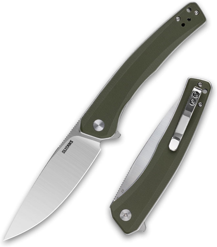 Olitans G066-AGW - 3.5" D2 Satin Blade, Green G10 Handle