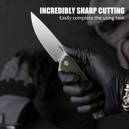 Olitans G066-AGW - 3.5" D2 Satin Blade, Green G10 Handle