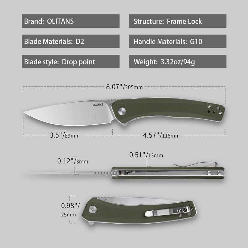 Olitans G066-AGW - 3.5" D2 Satin Blade, Green G10 Handle