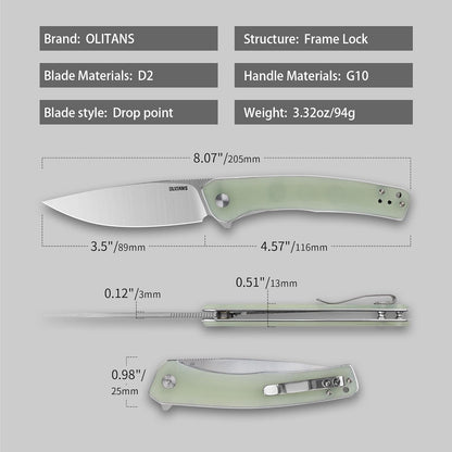 Olitans G066-NGW - 3.5" D2 Satin Blade, Jade G10 Handle