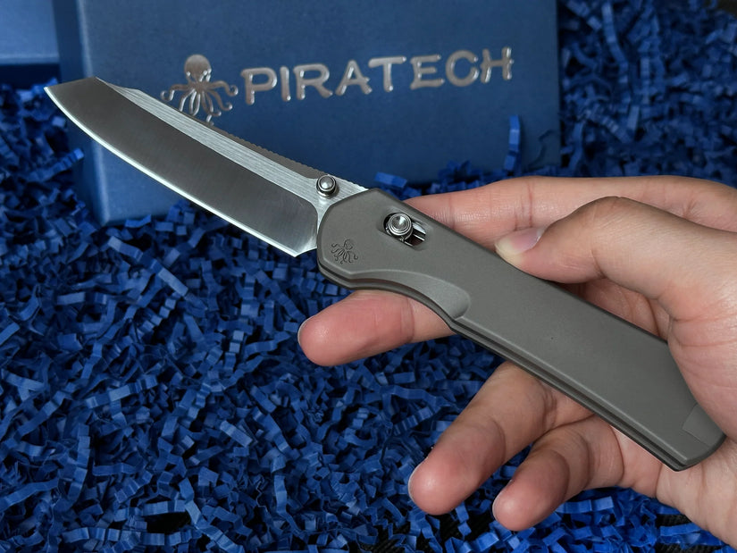 Piratech Kraken/Tsunami - 3.22" S90V Hand Strip Satin Sheepsfoot Blade, Mag-Snap Bead Blasted Titanium Handles