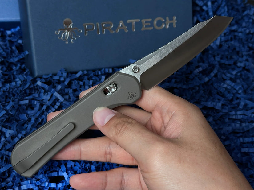 Piratech Kraken/Tsunami - 3.22" S90V Hand Strip Satin Sheepsfoot Blade, Mag-Snap Bead Blasted Titanium Handles