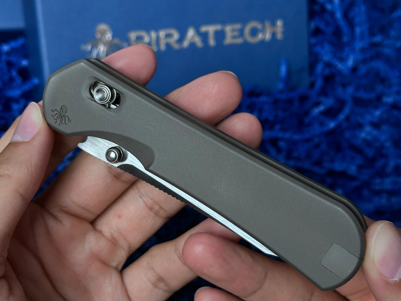 Piratech Kraken/Tsunami - 3.22" S90V Hand Strip Satin Sheepsfoot Blade, Mag-Snap Bead Blasted Titanium Handles